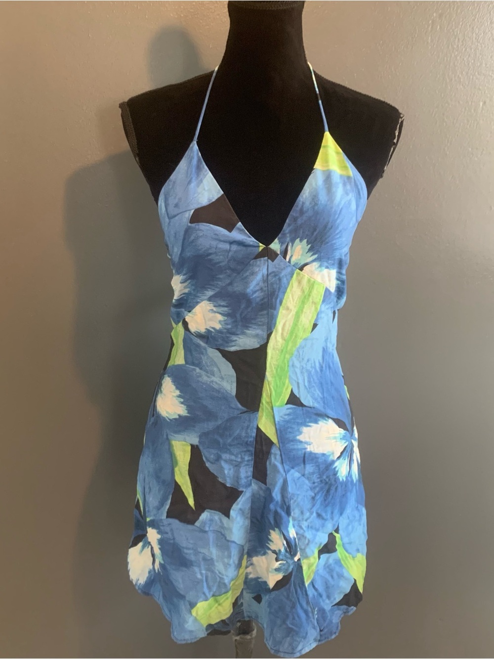 H&M Blue Floral Halter Dress with Green Accents
